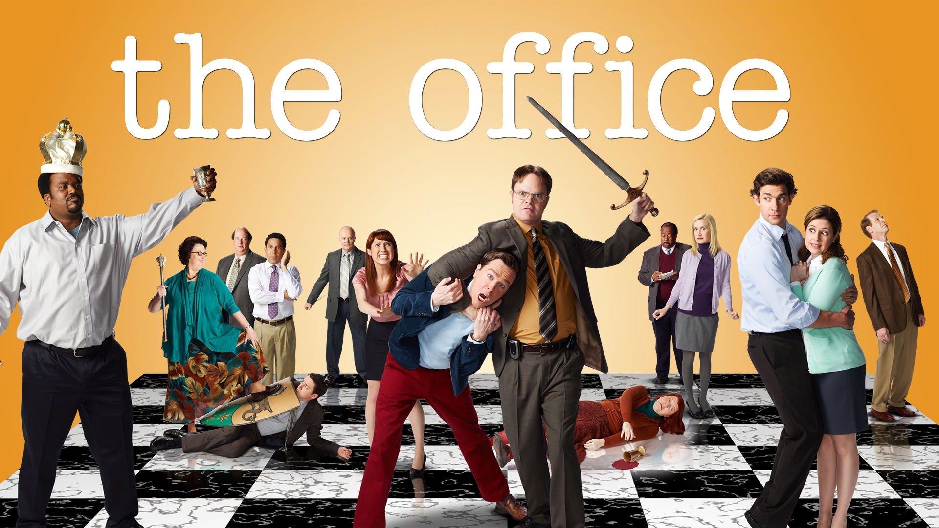 The Office Television Show Poster with title and characters on orange background